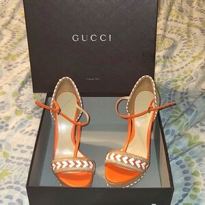Gucci Orange/Beige Leather Raffia Woven Tiffany Espadrille Wedge 39.5 Sandals